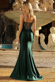 Dark Green Mermaid Corset Long Prom Dress with Rhinestones
