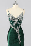 Dark Green Corset Mermaid Long Prom Dress with Rhinestones