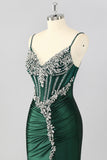 Dark Green Corset Mermaid Long Prom Dress with Rhinestones