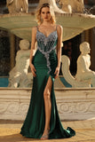 Dark Green Mermaid Corset Long Prom Dress with Rhinestones