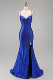 Royal Blue Beaded Mermaid Spaghetti Straps Corset Long Prom Dress with Slit