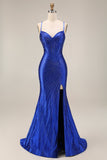 Royal Blue Beaded Mermaid Spaghetti Straps Corset Long Prom Dress with Slit