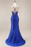 Royal Blue Beaded Mermaid Spaghetti Straps Corset Long Prom Dress with Slit