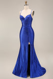 Royal Blue Beaded Mermaid Spaghetti Straps Corset Long Prom Dress with Slit