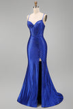 Royal Blue Beaded Mermaid Spaghetti Straps Corset Long Prom Dress with Slit