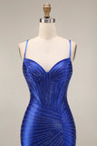 Royal Blue Beaded Mermaid Spaghetti Straps Corset Long Prom Dress with Slit