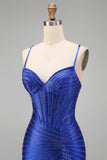 Royal Blue Beaded Mermaid Spaghetti Straps Corset Long Prom Dress with Slit