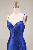 Royal Blue Beaded Mermaid Spaghetti Straps Corset Long Prom Dress with Slit