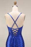 Royal Blue Beaded Mermaid Spaghetti Straps Corset Long Prom Dress with Slit