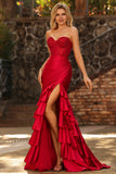 Red Mermaid Ruffled Sweetheart Beaded Corset Long Prom Dress with Slit