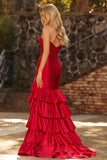 Red Mermaid Ruffled Sweetheart Beaded Corset Long Prom Dress with Slit