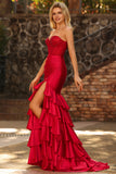 Red Mermaid Ruffled Sweetheart Beaded Corset Long Prom Dress with Slit