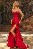 Red Mermaid Ruffled Sweetheart Beaded Corset Long Prom Dress with Slit