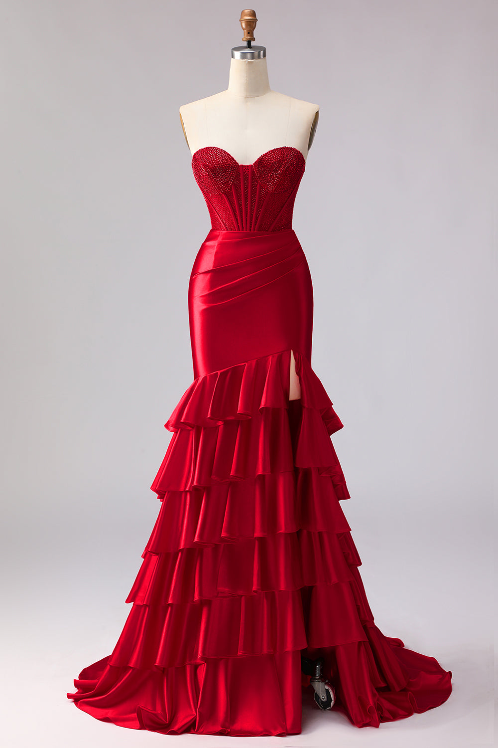 ZAPAKA Women Red Mermaid Long Prom Dress with Slit Beaded Sweetheart Corset Satin Formal Dress with Ruffles ZAPAKA Women Red Mermaid Long Prom Dress with Slit Beaded Sweetheart Corset Satin Formal Dress with Ruffles