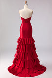 Red Mermaid Sweetheart Beaded Corset Ruffled Long Prom Dress with Slit