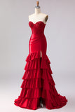 Red Mermaid Sweetheart Beaded Corset Ruffled Long Prom Dress with Slit