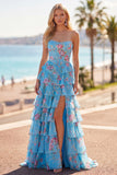Strapless Blue A Line Corset Tiered Ruffle Floral Long Prom Dress with Slit