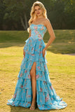 Yellow Strapless A-line Corset Bodice Floral Long Prom Dress with Chiffon Ruffle Skirt