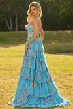 Strapless Blue A Line Corset Tiered Ruffle Floral Long Prom Dress with Slit