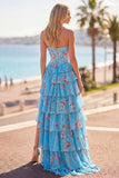 Strapless Blue A Line Corset Tiered Ruffle Floral Long Prom Dress with Slit