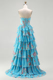 Strapless Blue A Line Corset Tiered Ruffle Floral Long Prom Dress with Slit