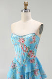 Strapless Blue A Line Corset Tiered Ruffle Floral Long Prom Dress with Slit