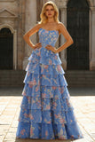 Strapless Blue A Line Corset Tiered Ruffle Floral Long Prom Dress with Slit