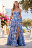 Strapless Blue A Line Corset Tiered Ruffle Floral Long Prom Dress with Slit