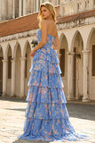 Strapless Blue A Line Corset Tiered Ruffle Floral Long Prom Dress with Slit