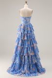 Strapless Blue A Line Corset Tiered Ruffle Floral Long Prom Dress with Slit