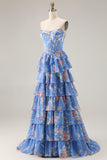Strapless Blue A Line Corset Tiered Ruffle Floral Long Prom Dress with Slit
