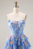 Dark Blue Strapless A-line Corset Bodice Floral Long Prom Dress with Chiffon Ruffle Skirt