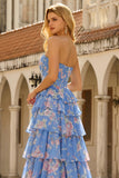 Strapless A-Line Dark Blue Basque Waist Corset Long Floral Prom Dress with Ruffles