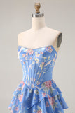 Strapless Blue A Line Corset Tiered Ruffle Floral Long Prom Dress with Slit