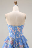 Dark Blue Strapless A-line Corset Bodice Floral Long Prom Dress with Chiffon Ruffle Skirt