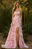 Strapless Pink A Line Tiered Ruffle Floral Corset Long Prom Dress with Slit