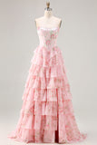 Pink Strapless A-line Corset Bodice Floral Prom Dress with Chiffon Ruffle Skirt