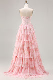Pink Strapless A-line Corset Bodice Floral Prom Dress with Chiffon Ruffle Skirt