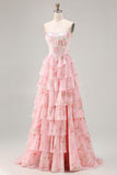 Pink Strapless A-line Corset Bodice Floral Prom Dress with Chiffon Ruffle Skirt