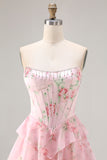 Pink Strapless A-line Corset Bodice Floral Prom Dress with Chiffon Ruffle Skirt