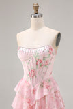 Pink Strapless A-line Corset Bodice Floral Prom Dress with Chiffon Ruffle Skirt
