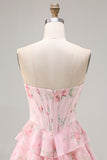 Pink Strapless A-line Corset Bodice Floral Prom Dress with Chiffon Ruffle Skirt