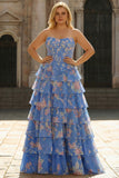 Yellow Strapless A-line Corset Bodice Floral Long Prom Dress with Chiffon Ruffle Skirt