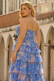 Dark Blue Strapless A-line Corset Chiffon Floral Long Plus Size Prom Dress with Ruffles