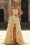 Pink Strapless A-line Corset Bodice Floral Prom Dress with Chiffon Ruffle Skirt