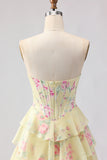 Pink Strapless A-line Corset Bodice Floral Prom Dress with Chiffon Ruffle Skirt