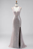 Silver Sequins Mermaid Slit V-Neck Long Formal Dress