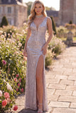 Silver Sequins Mermaid Slit V-Neck Long Formal Dress
