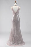 Silver Sequins Mermaid Slit V-Neck Long Formal Dress