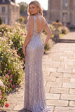 Silver Sequins Mermaid Slit V-Neck Long Formal Dress